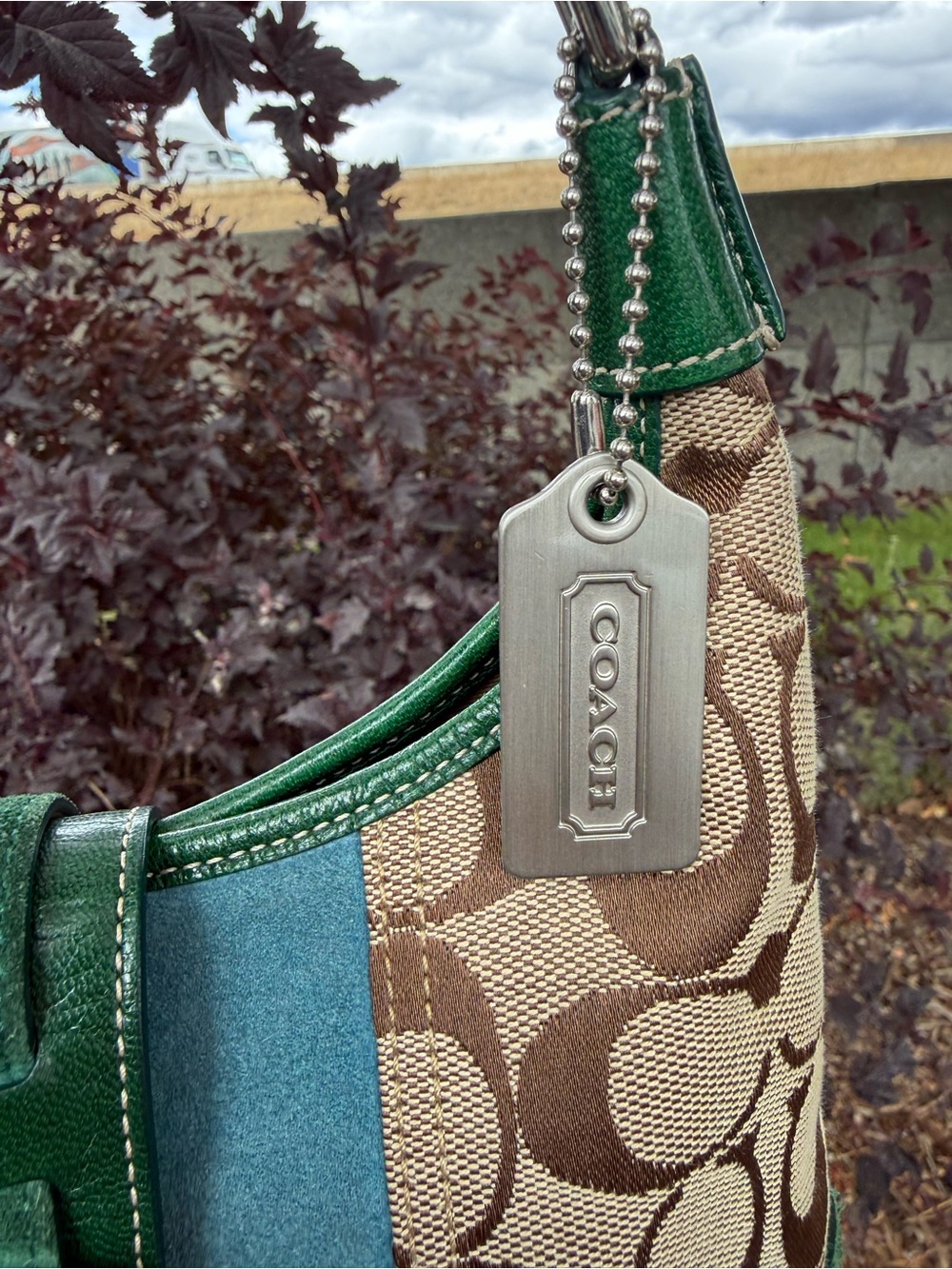 Coach Green, Tan & Blue Signature Canvas Shoulder Bag - Picture 6 of 7